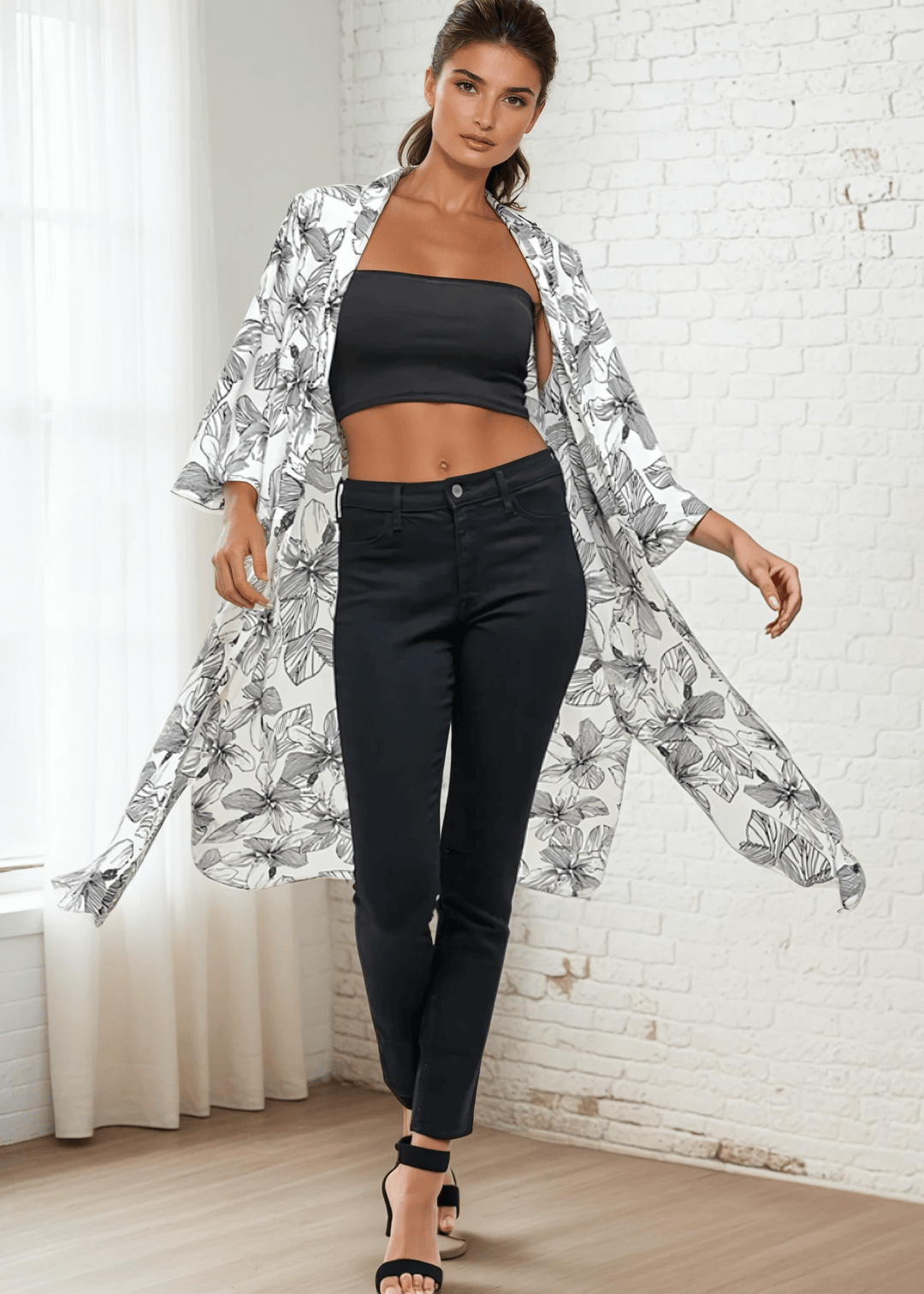 Made in USA Women's White/Black Floral Cardigan Kimono, Open Front, 3/4 Sleeves, Long Length, Side Slits, Semi-Sheer, Wool Dobby Fabric, Boho Vibes 