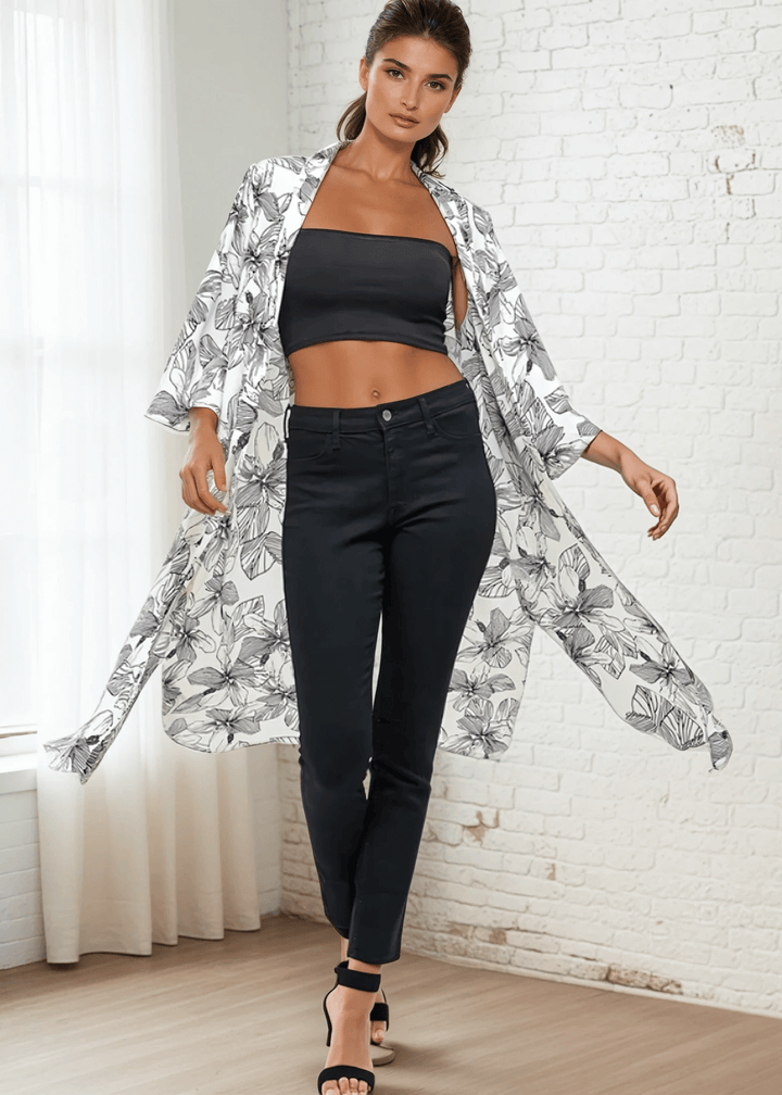 Made in USA Women's White/Black Floral Cardigan Kimono, Open Front, 3/4 Sleeves, Long Length, Side Slits, Semi-Sheer, Wool Dobby Fabric, Boho Vibes 