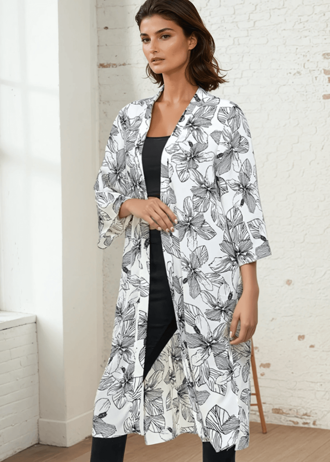 Made in USA Women's White/Black Floral Cardigan Kimono, Open Front, 3/4 Sleeves, Long Length, Side Slits, Semi-Sheer, Wool Dobby Fabric, Boho Vibes 