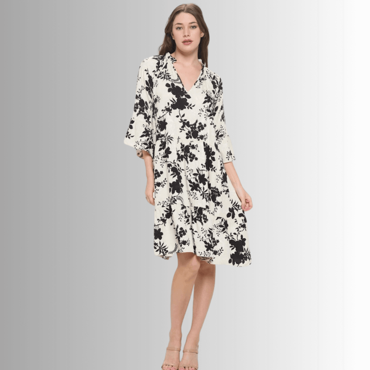 Made in USA Women's Cream with Black Floral Baby Doll Tiered Dress, Short Half Sleeves, Ruffled Collar, V-Neck, Knee Length, 100% Rayon, Renee C Style DA1404 