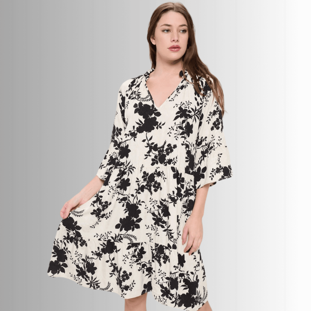 Made in USA Women's Cream with Black Floral Baby Doll Tiered Dress, Short Half Sleeves, Ruffled Collar, V-Neck, Knee Length, 100% Rayon, Renee C Style DA1404 