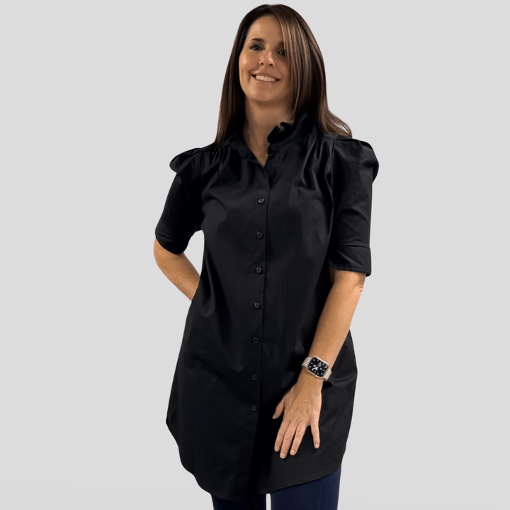 Made in USA Women's Button Down Tailored Shirt Dress or Tunic in Solid Black, Ruffled Collar, Short Puff Sleeves, 100% Cotton | Classy Cozy Cool Made in America Boutique