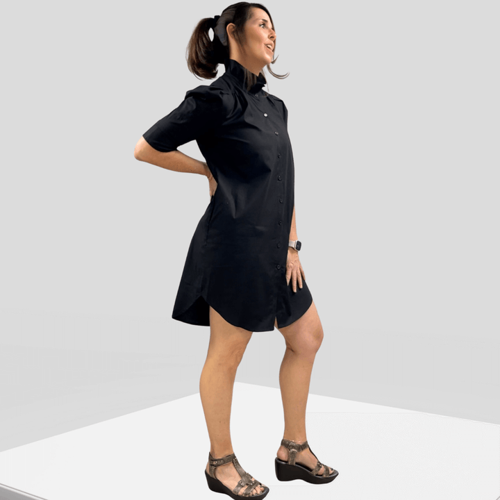 Made in USA Women's Button Down Tailored Shirt Dress or Tunic in Solid Black, Ruffled Collar, Short Puff Sleeves, 100% Cotton | Classy Cozy Cool Made in America Boutique