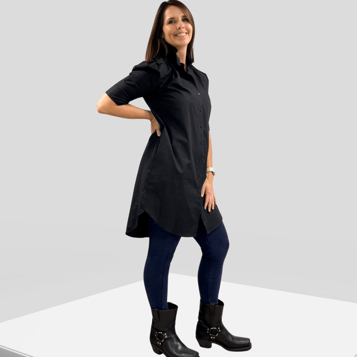 Made in USA Women's Button Down Tailored Shirt Dress or Tunic in Solid Black, Ruffled Collar, Short Puff Sleeves, 100% Cotton | Classy Cozy Cool Made in America Boutique