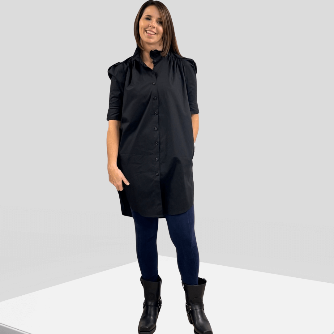 Made in USA Women's Button Down Tailored Shirt Dress or Tunic in Solid Black, Ruffled Collar, Short Puff Sleeves, 100% Cotton | Classy Cozy Cool Made in America Boutique