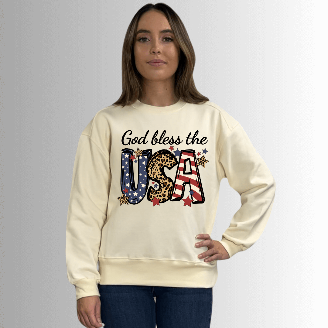 Made in USA Women's Cream Crew Neck Fleece Sweatshirt with God Bless USA Graphic, Heavyweight Cotton Fleece, Drop Shoulder, Relaxed Fit