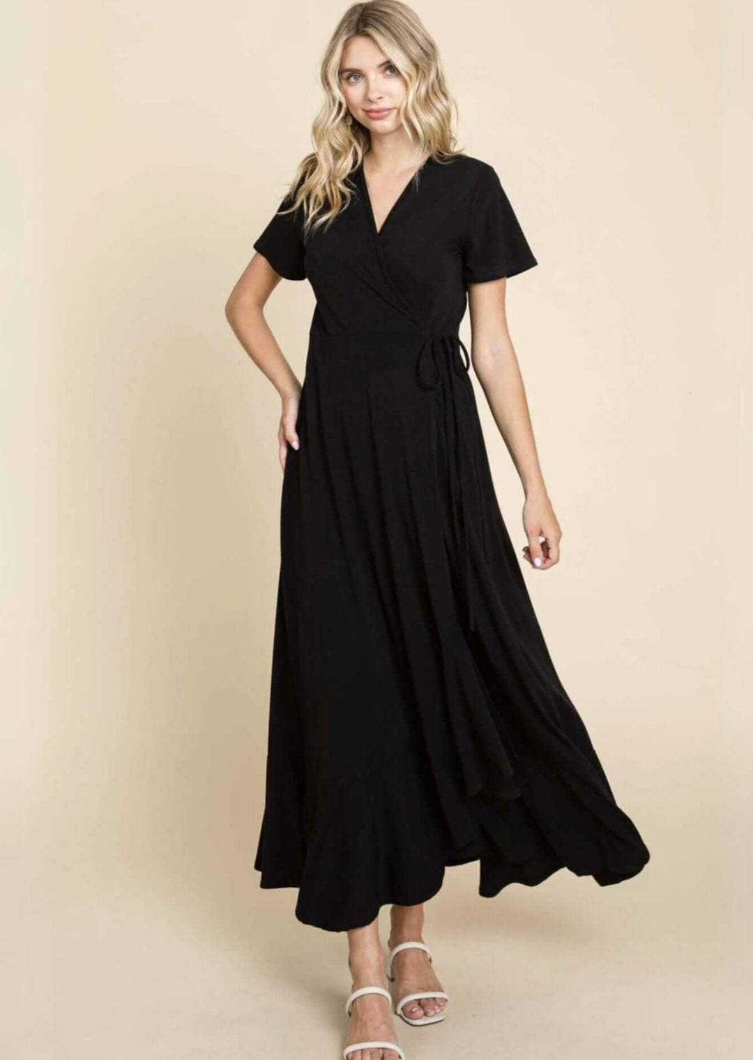 Made in USA Ladies Super Soft Black V-Neck Wrap Style Maxi Dress With Tie Side  | Classy Cozy Cool Women's Made in America Boutique