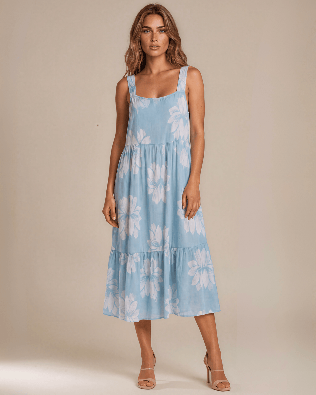 Lydia Light Blue Floral Summer Midi Dress. Sundress with Square neck, tiered A-line skirt, pockets, 90% rayon 10% linen. S–XL. Made in USA