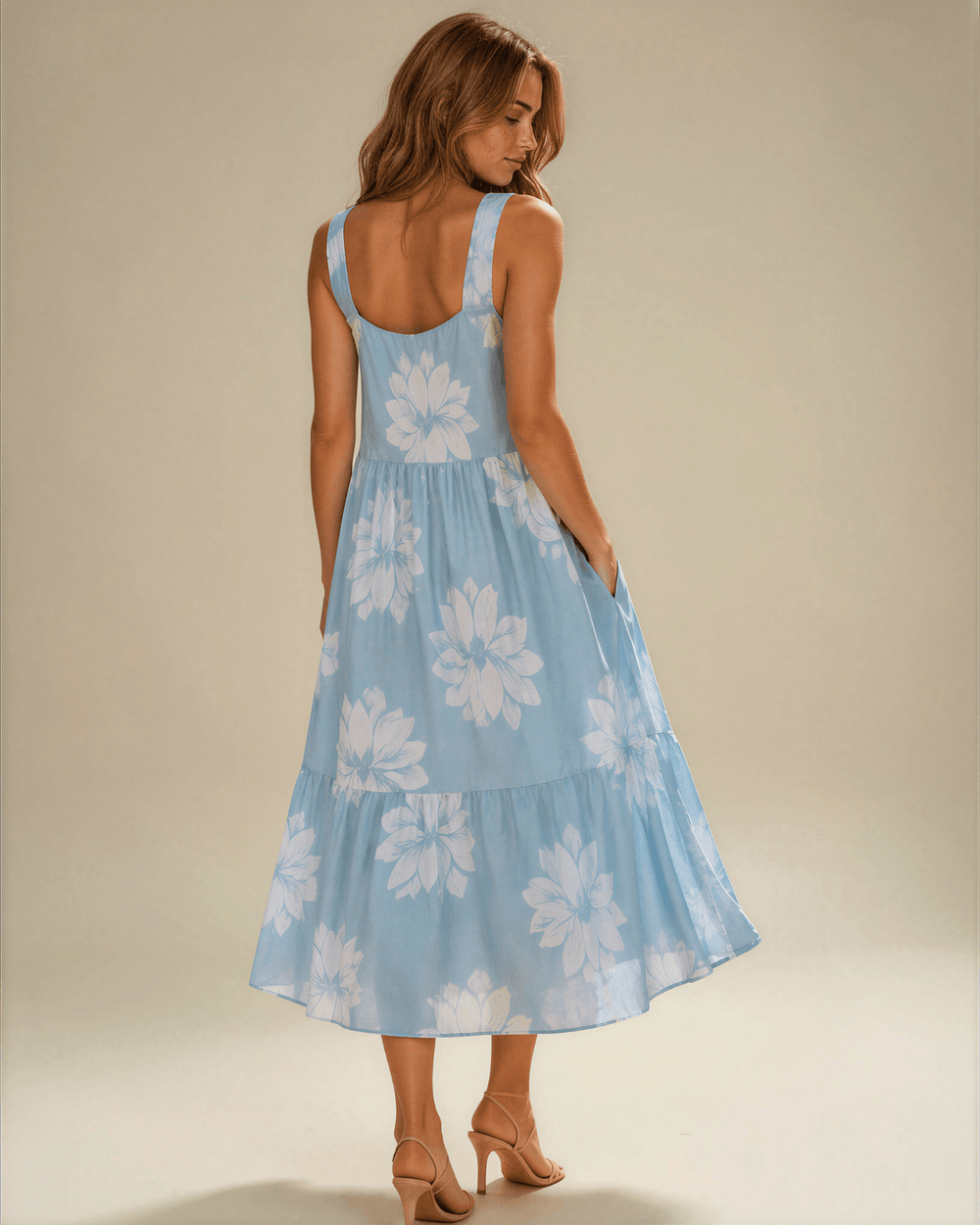 Lydia Light Blue Floral Summer Midi Dress. Sundress with Square neck, tiered A-line skirt, pockets, 90% rayon 10% linen. S–XL. Made in USA