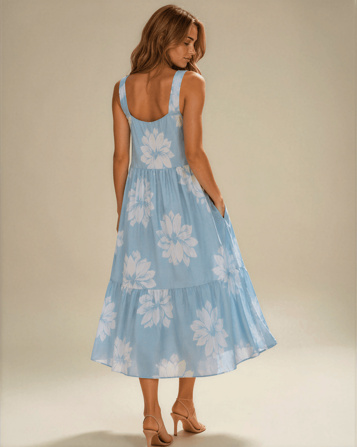 Lydia Light Blue Floral Summer Midi Dress. Sundress with Square neck, tiered A-line skirt, pockets, 90% rayon 10% linen. S–XL. Made in USA