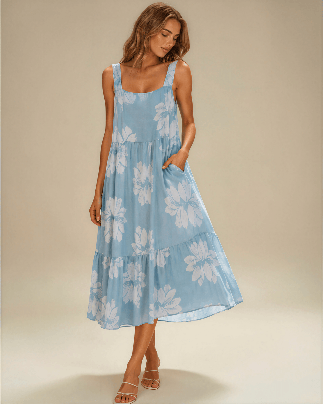 Lydia Light Blue Floral Summer Midi Dress. Sundress with Square neck, tiered A-line skirt, pockets, 90% rayon 10% linen. S–XL. Made in USA