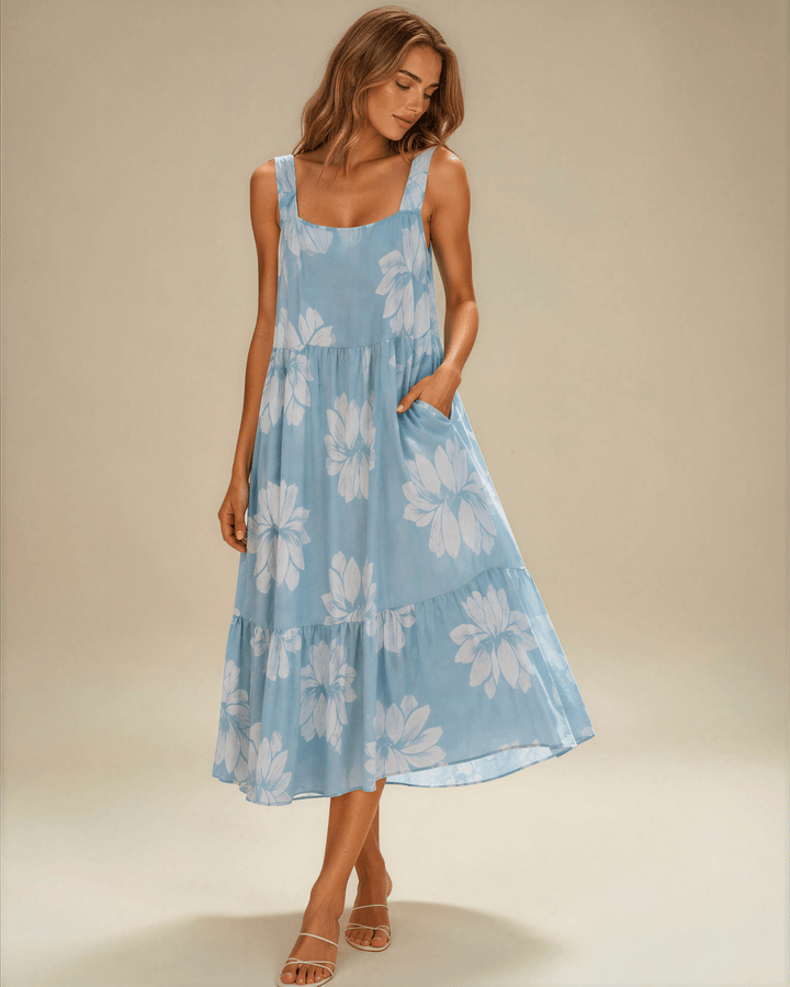 Lydia Light Blue Floral Summer Midi Dress. Sundress with Square neck, tiered A-line skirt, pockets, 90% rayon 10% linen. S–XL. Made in USA