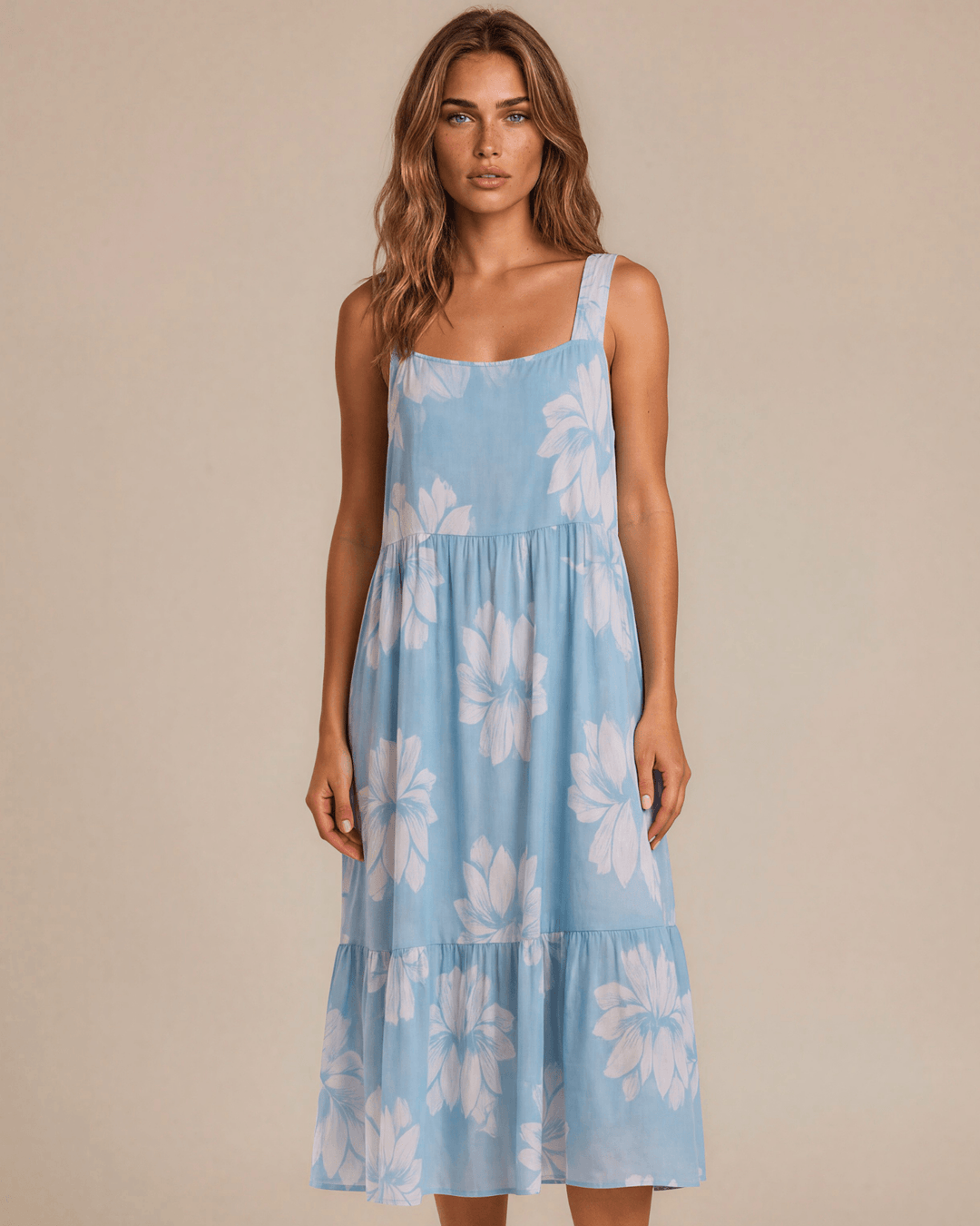 Lydia Light Blue Floral Summer Midi Dress. Sundress with Square neck, tiered A-line skirt, pockets, 90% rayon 10% linen. S–XL. Made in USA