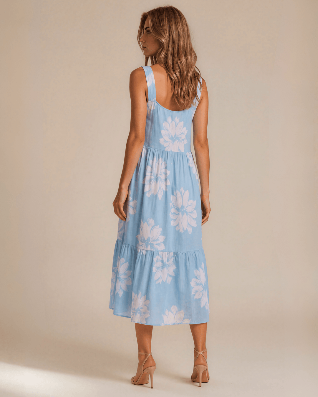 Lydia Light Blue Floral Summer Midi Dress. Sundress with Square neck, tiered A-line skirt, pockets, 90% rayon 10% linen. S–XL. Made in USA