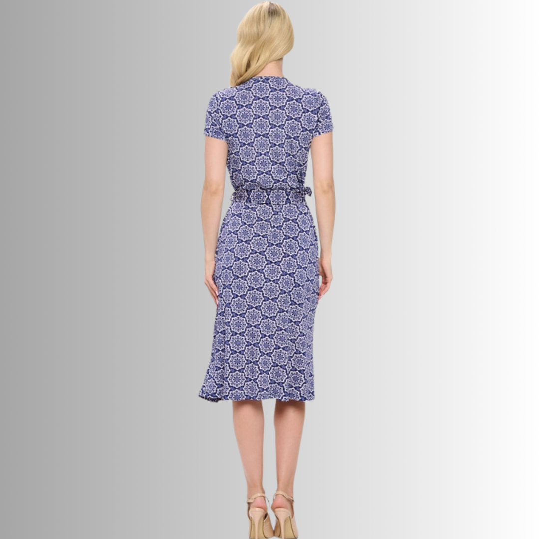 Made in USA Women's Navy Floral Print Midi Jersey True Wrap Dress | Renee C. Style# S4329DRR | Made in USA | Classy Cozy Cool Women's Made in America Clothing Boutique