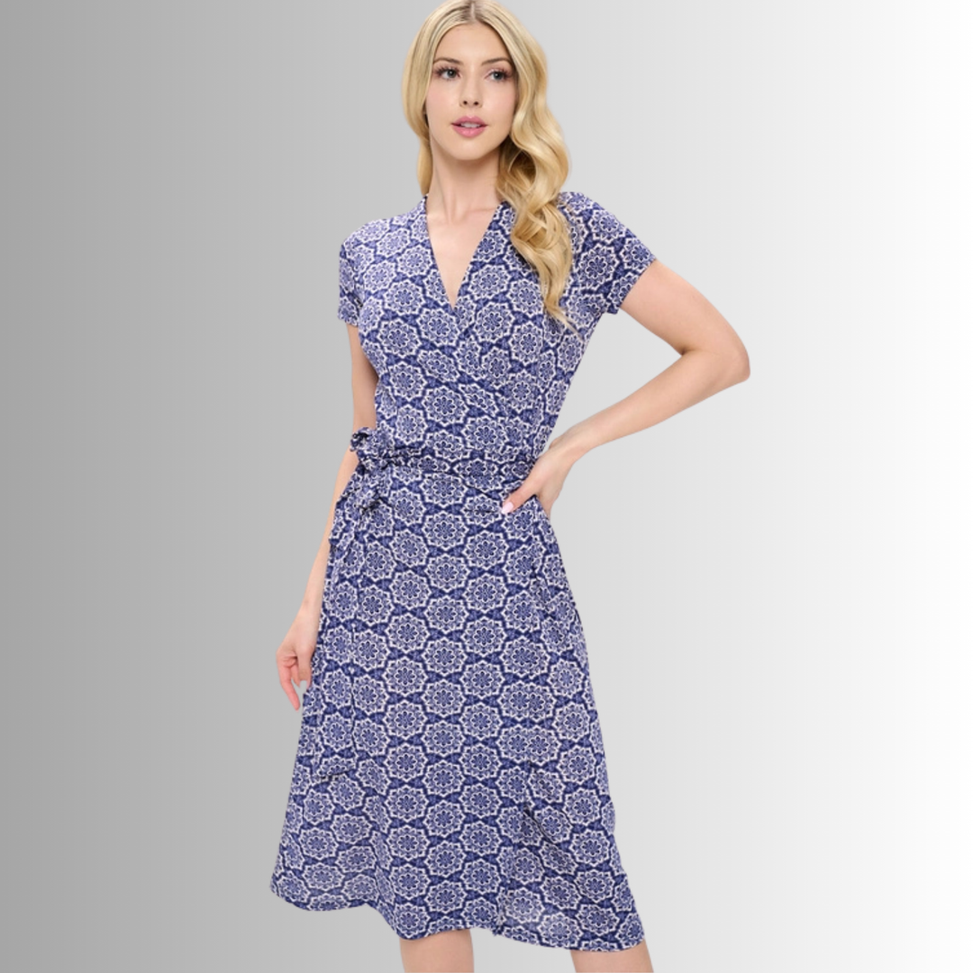 Made in USA Women's Navy Floral Print Midi Jersey True Wrap Dress | Renee C. Style# S4329DRR | Made in USA | Classy Cozy Cool Women's Made in America Clothing Boutique