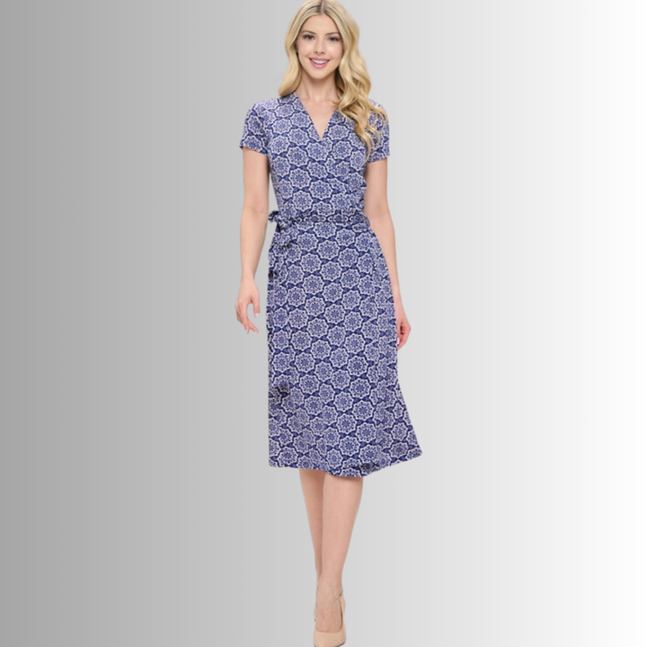 Made in USA Women's Navy Floral Print Midi Jersey True Wrap Dress | Renee C. Style# S4329DRR | Made in USA | Classy Cozy Cool Women's Made in America Clothing Boutique