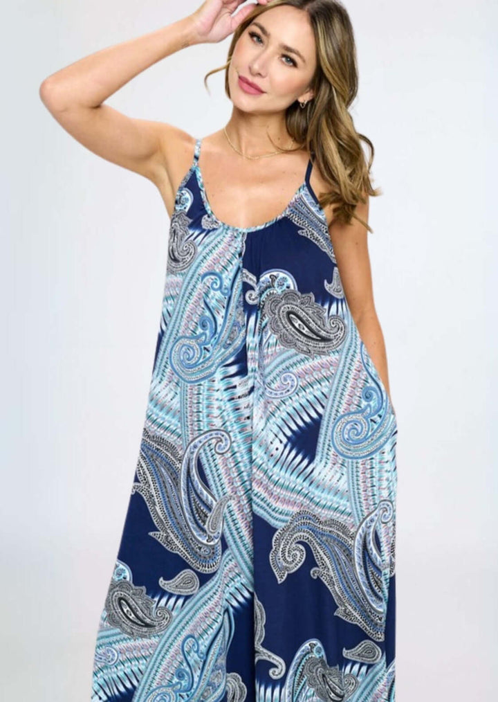 Women's  Blue Paisley Wide Leg Cropped Summer Jumpsuit  Romper  | Made in USA | Classy Cozy Cool Made in America Boutique