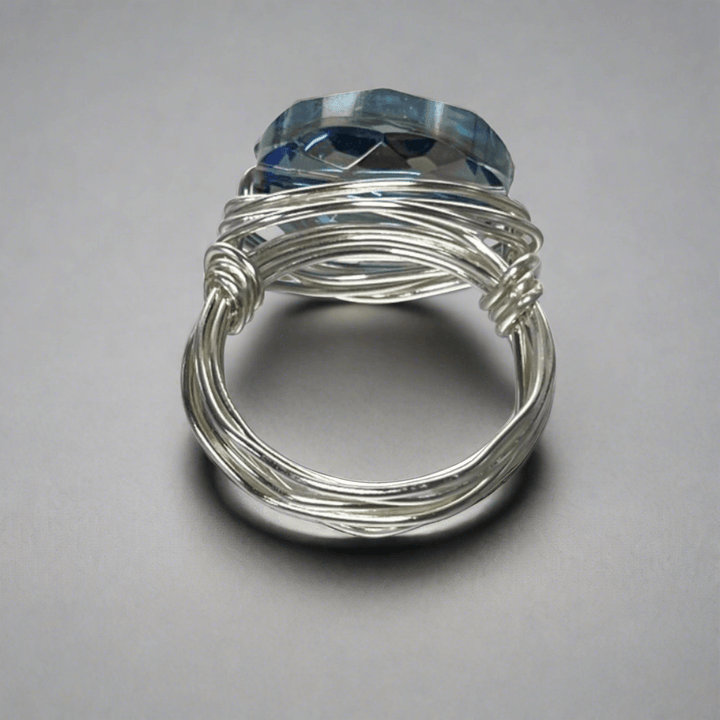 Hand Made in USA Women's Blue Crystal Silver Wire Wrap Ring Faceted to Pick Up Light in All Directions | Classy Cozy Cool Women's Made in America Boutique
