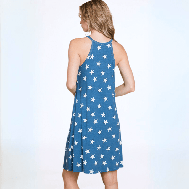 Made in USA Women's Patriotic Blue Stars Racerback Tank Dress Soft Jersey Material Mini/Midi Length Perfect for Beach & Swim Cover 