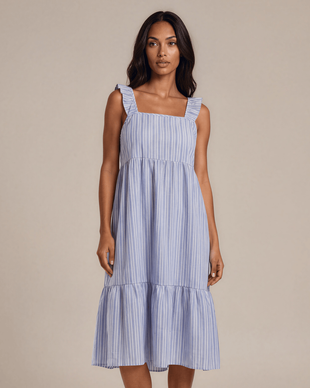 Blue &amp; White Striped Ruffle Strap Midi Dress. Square neck, empire waist, tiered skirt, 100% rayon. S–XL. Made in USA