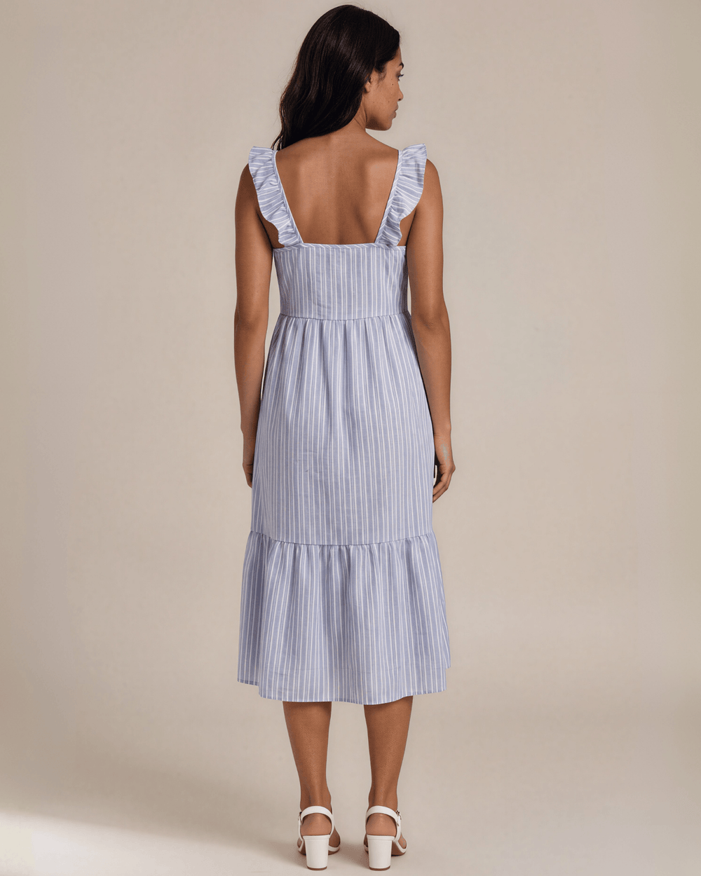 Blue & White Striped Ruffle Strap Midi Dress. Square neck, empire waist, tiered skirt, 100% rayon. S–XL. Made in USA