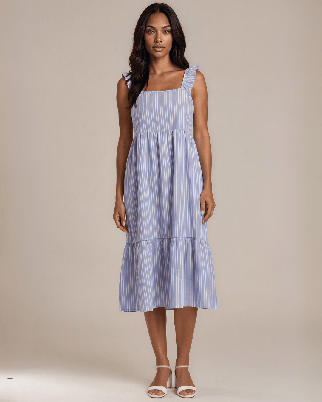 Blue Striped Ruffle Strap Midi Dress | Made in USA – Classy Cozy Cool
