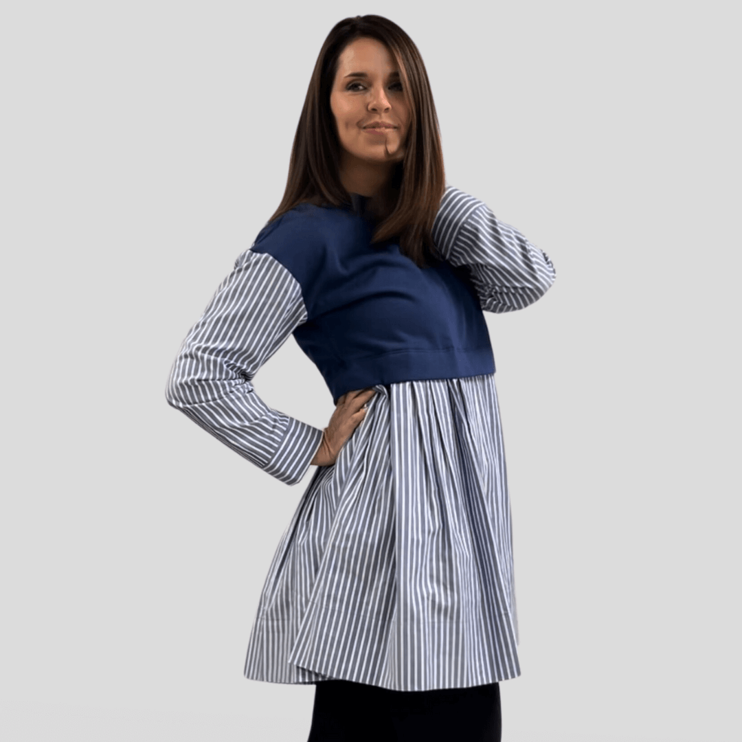 Made in USA Women's Cotton Blend Navy Crew Neck One Piece Fleece Vest Over Striped Shirt Layered Tunic, Flowy Fit, Long Sleeves, Cuffs, Perfect with Leggings & Boots | Classy Cozy Cool Made in America Boutique