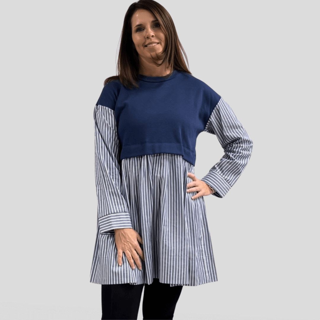 Made in USA Women's Cotton Blend Navy Crew Neck One Piece Fleece Vest Over Striped Shirt Layered Tunic, Flowy Fit, Long Sleeves, Cuffs, Perfect with Leggings & Boots | Classy Cozy Cool Made in America Boutique