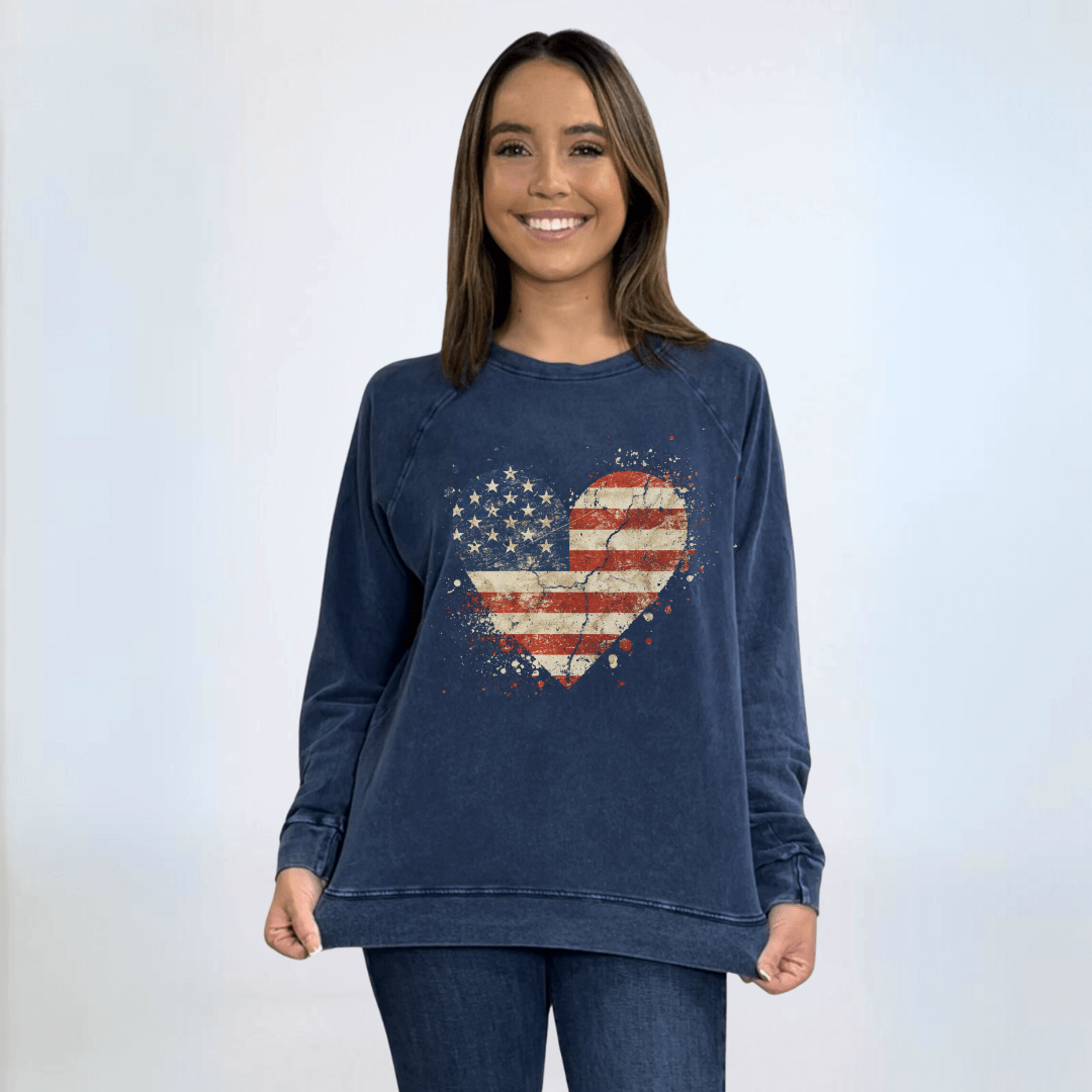 Made in USA Women's Mineral Washed Navy Sweatshirt with Patriotic Distressed American  Flag Heart Graphic | Made with USA Cotton | Classy Cozy Cool Women's Made in America Boutique