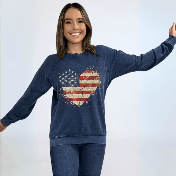 Made in USA Women's Mineral Washed Navy Sweatshirt with Patriotic Distressed American  Flag Heart Graphic | Made with USA Cotton | Classy Cozy Cool Women's Made in America Boutique