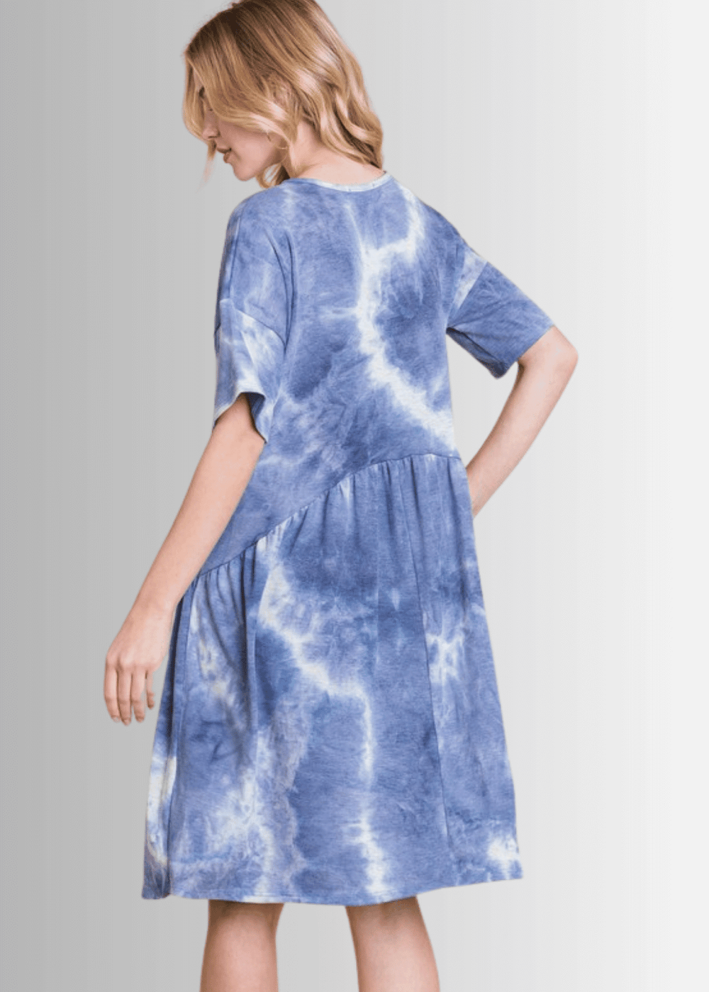 Made in USA Women's Denim Blue Tie Dye Shirred Waist Knee Length Short Sleeve Dress | Classy Cozy Cool Made in America Boutique