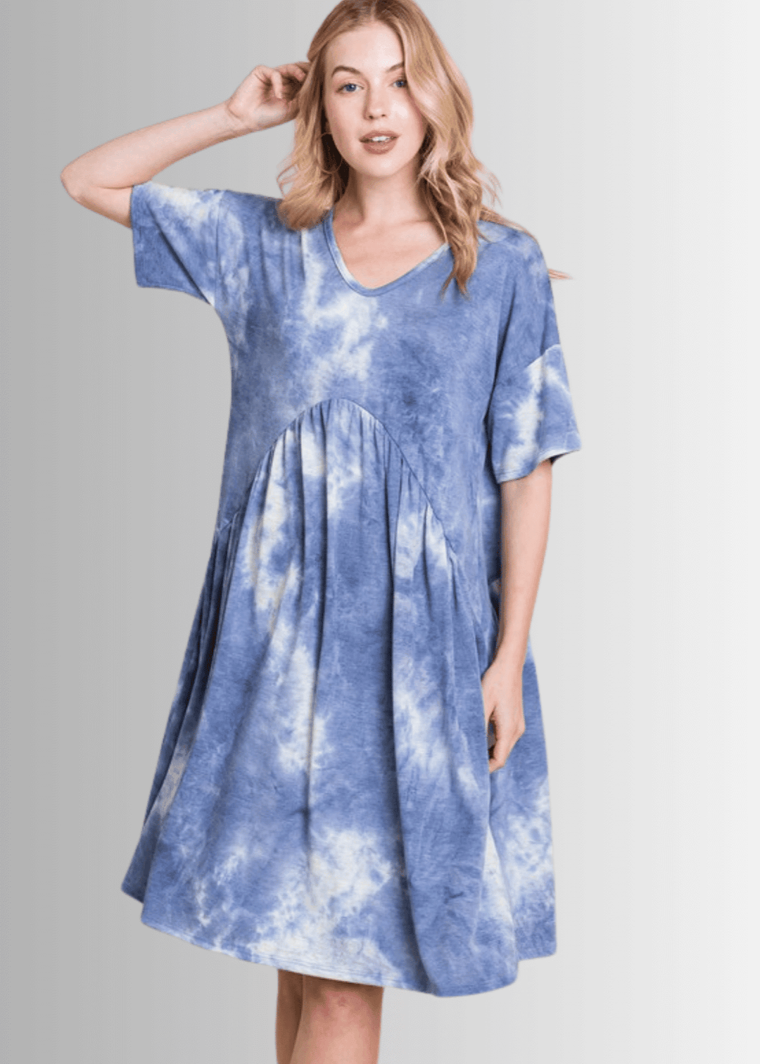 Made in USA Women's Denim Blue Tie Dye Shirred Waist Knee Length Short Sleeve Dress | Classy Cozy Cool Made in America Boutique