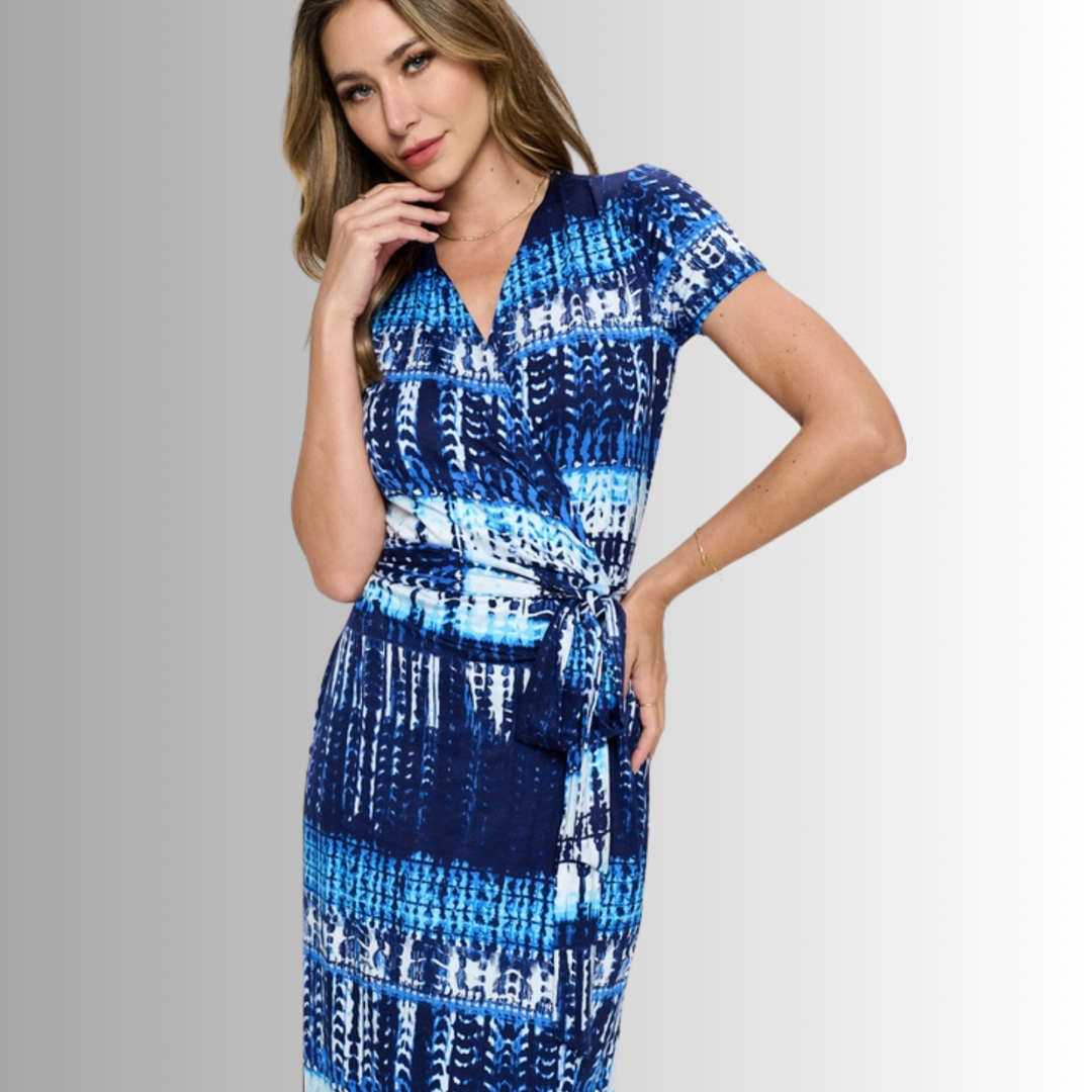 Made in USA Women's Shades of Blue Abstract Print Midi Jersey True Wrap Dress | Renee C. Style# S4329DRH | Classy Cozy Cool Made in America Clothing Boutique