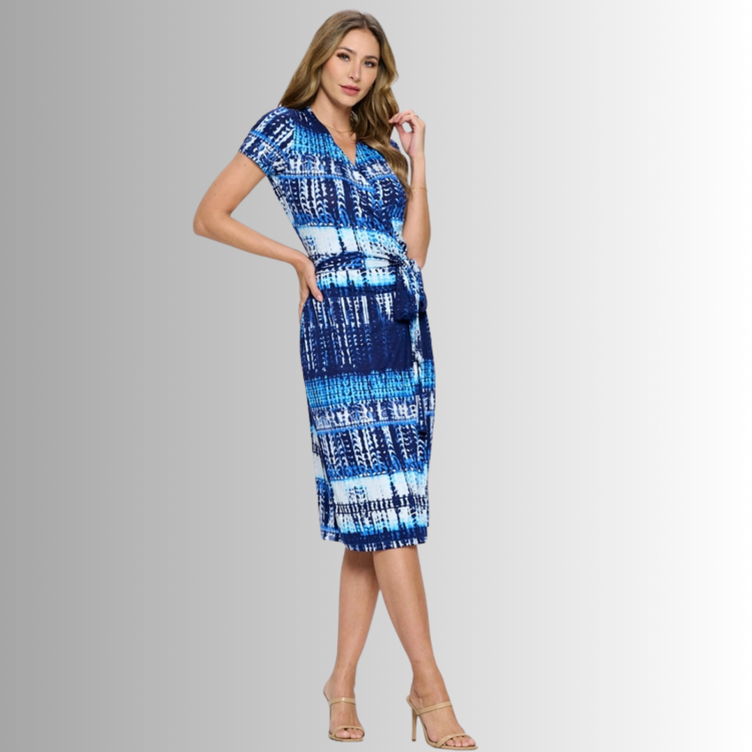 Made in USA Women's Shades of Blue Abstract Print Midi Jersey True Wrap Dress | Renee C. Style# S4329DRH | Classy Cozy Cool Made in America Clothing Boutique