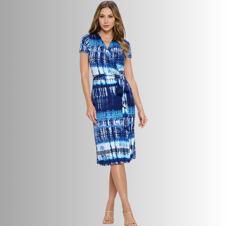 Made in USA Women's Shades of Blue Abstract Print Midi Jersey True Wrap Dress | Renee C. Style# S4329DRH | Classy Cozy Cool Made in America Clothing Boutique