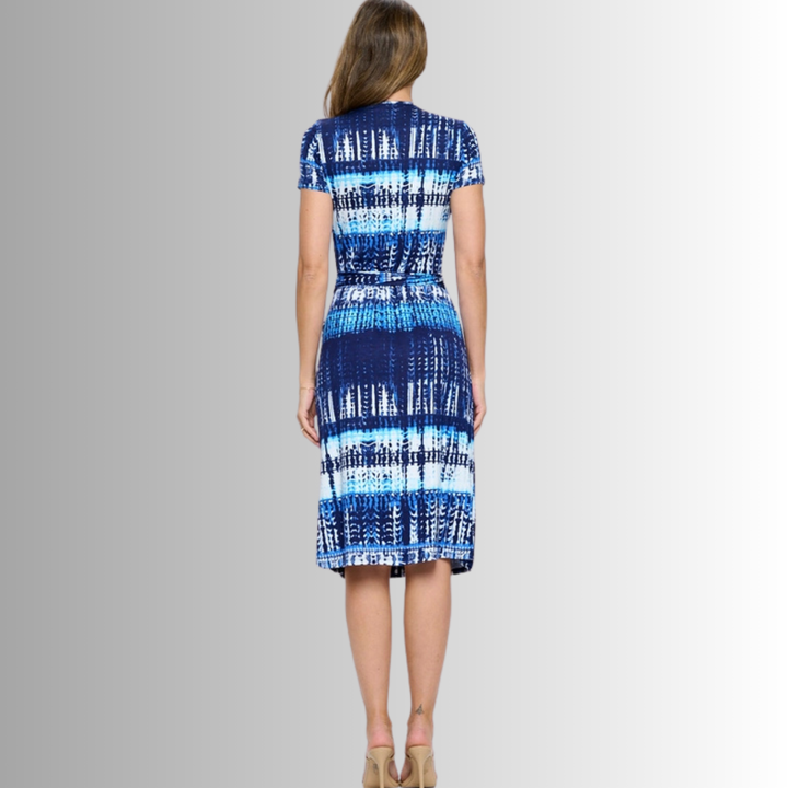 Made in USA Women's Shades of Blue Abstract Print Midi Jersey True Wrap Dress | Renee C. Style# S4329DRH | Classy Cozy Cool Made in America Clothing Boutique