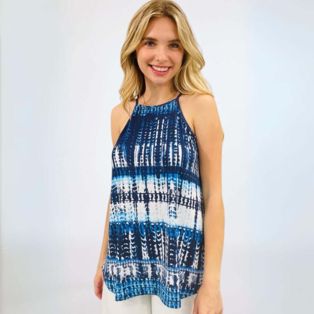 USA Made Women's Tie Dye Sleeveless Longer Length Halter Top in Shades of Blue | Renee C Style# 4056TPJ | Classy Cozy Cool Women's Made in USA Boutique