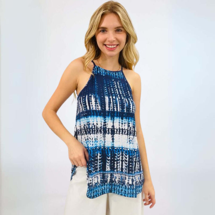 USA Made Women's Tie Dye Sleeveless Longer Length Halter Top in Shades of Blue | Renee C Style# 4056TPJ | Classy Cozy Cool Women's Made in USA Boutique
