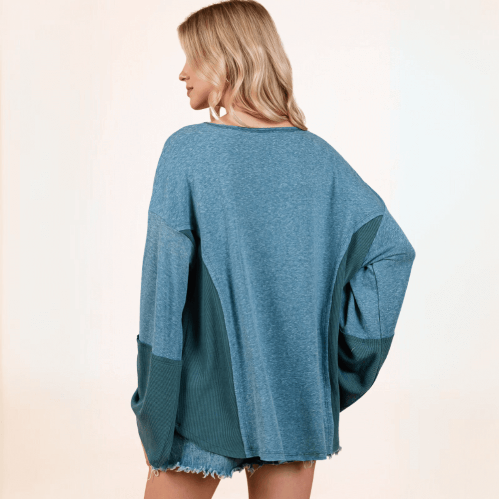 Made in USA Women's Long Bell Sleeve Oversized Fit Blue-Green Color Block Lightweight Ribbed Top with Scoop V-Neck | Classy Cozy Cool Made in America Boutique