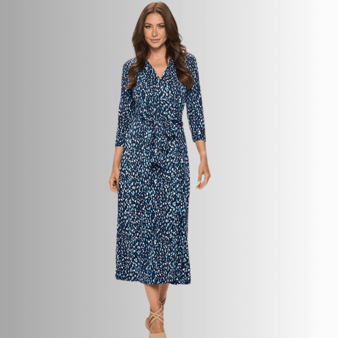 Women's Printed Wrap Style Brushed Knit Maxi Dress with 3/4 Sleeves in Navy, Light Blue & White | Renee C. Style L4329DRB | Made in USA | Classy Cozy Cool Made in America Clothing Boutique