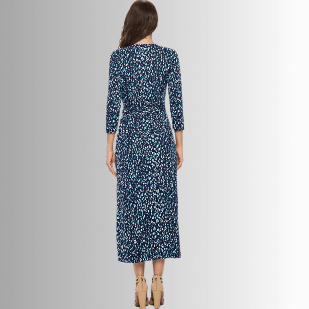 Women's Printed Wrap Style Brushed Knit Maxi Dress with 3/4 Sleeves in Navy, Light Blue & White | Renee C. Style L4329DRB | Made in USA | Classy Cozy Cool Made in America Clothing Boutique