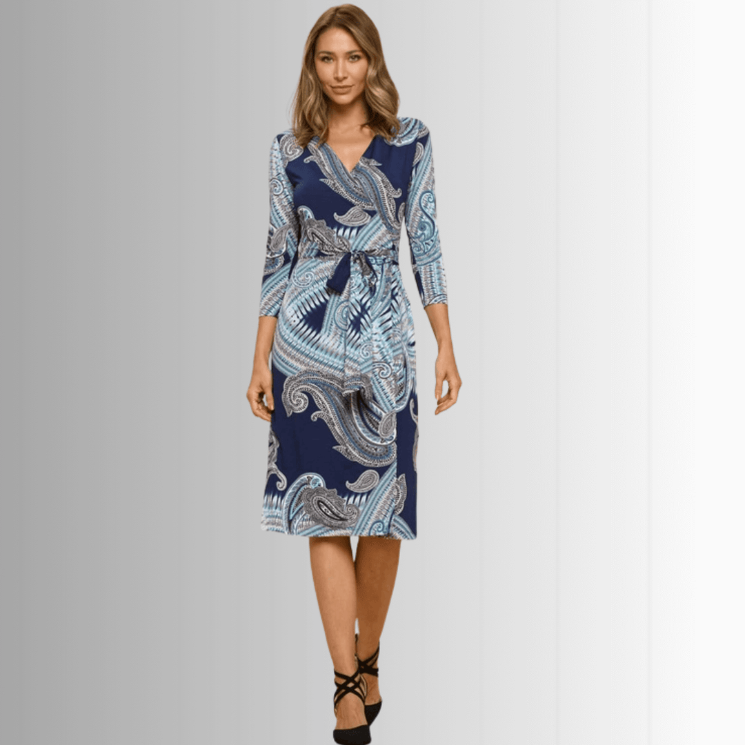 Beautiful Ladies Navy with Large Paisley Print Jersey Midi Wrap Dress with 3/4 Sleeves | Renee C. Style #4329DRA | Proudly Made in USA | Classy Cozy Cool Clothing Boutique