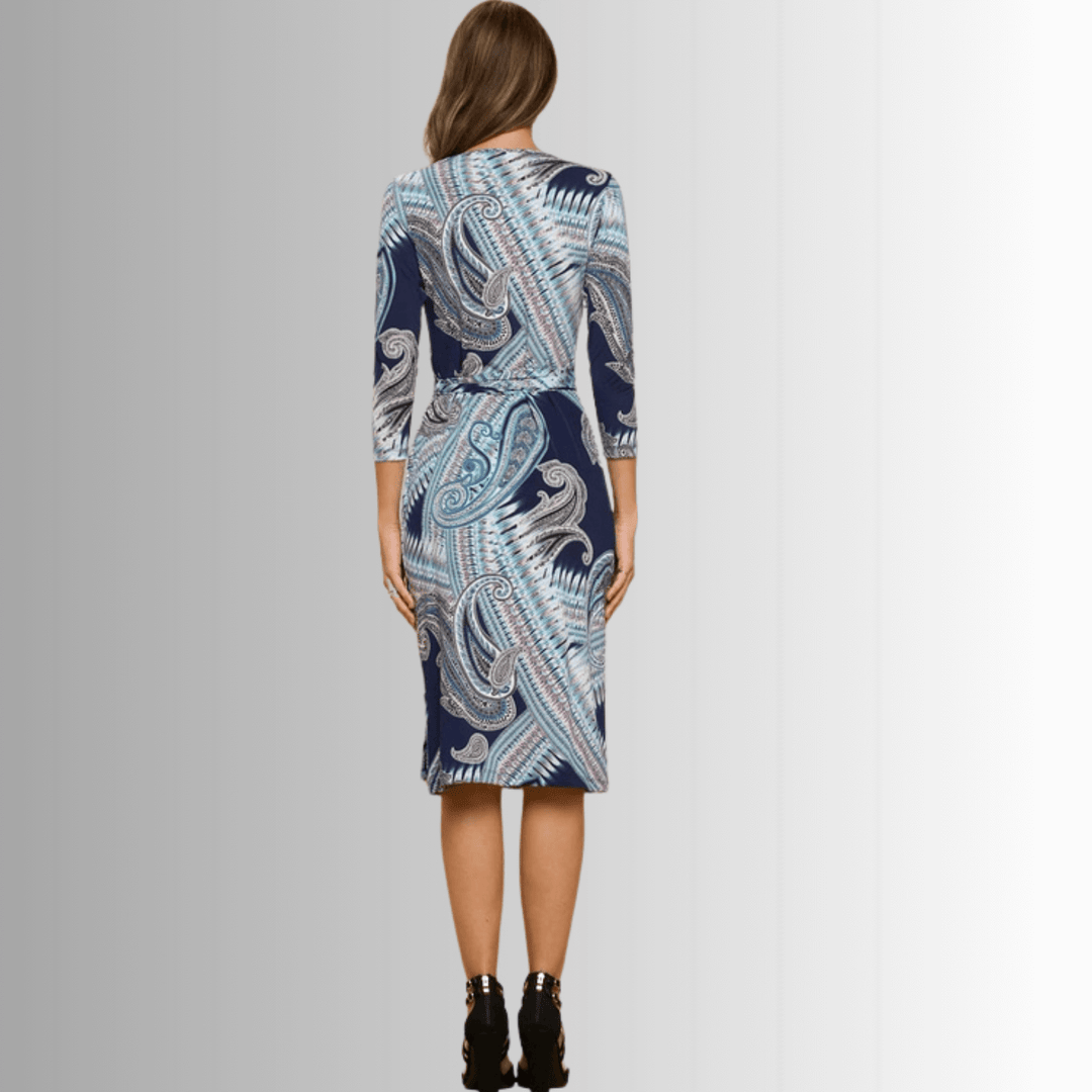 Beautiful Ladies Navy with Large Paisley Print Jersey Midi Wrap Dress with 3/4 Sleeves | Renee C. Style #4329DRA | Proudly Made in USA | Classy Cozy Cool Clothing Boutique