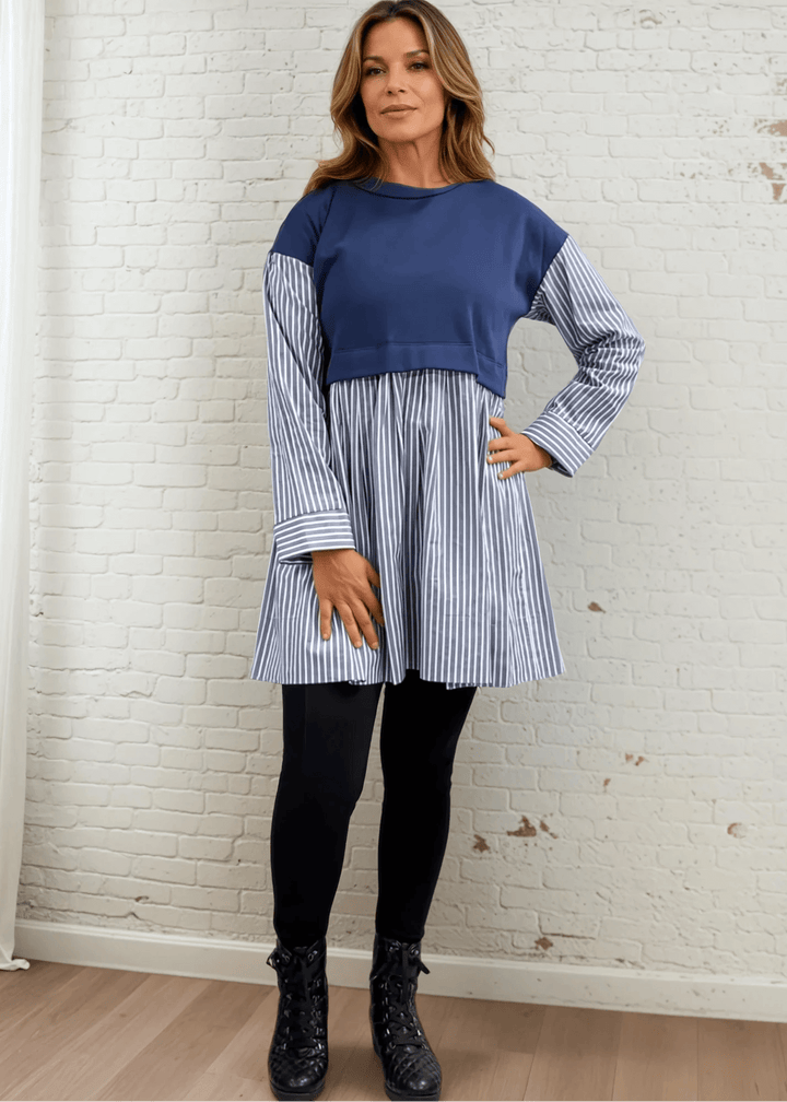 Made in USA Women's Cotton Blend Navy Crew Neck One Piece Fleece Vest Over Striped Shirt Layered Tunic, Flowy Fit, Long Sleeves, Cuffs, Perfect with Leggings & Boots | Classy Cozy Cool Made in America Boutique