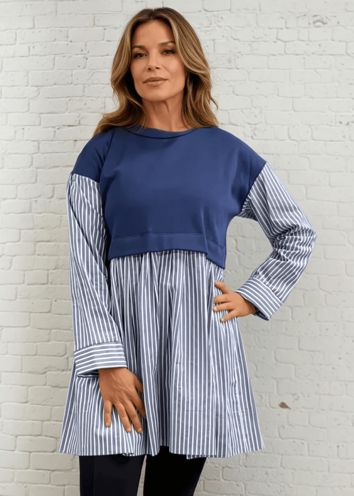 Made in USA Women's Cotton Blend Navy Crew Neck One Piece Fleece Vest Over Striped Shirt Layered Tunic, Flowy Fit, Long Sleeves, Cuffs, Perfect with Leggings & Boots | Classy Cozy Cool Made in America Boutique