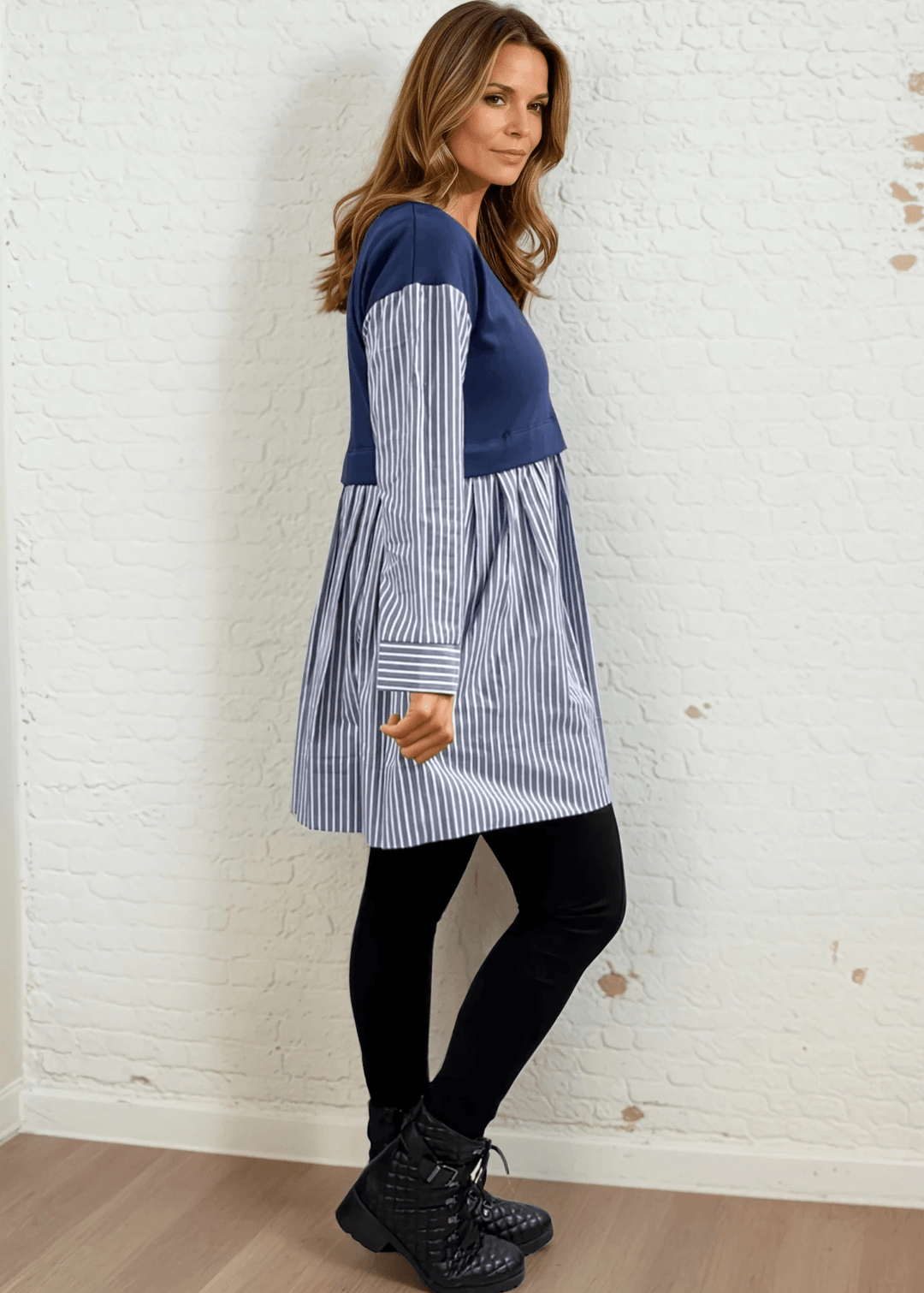 Made in USA Women's Cotton Blend Navy Crew Neck One Piece Fleece Vest Over Striped Shirt Layered Tunic, Flowy Fit, Long Sleeves, Cuffs, Perfect with Leggings & Boots | Classy Cozy Cool Made in America Boutique