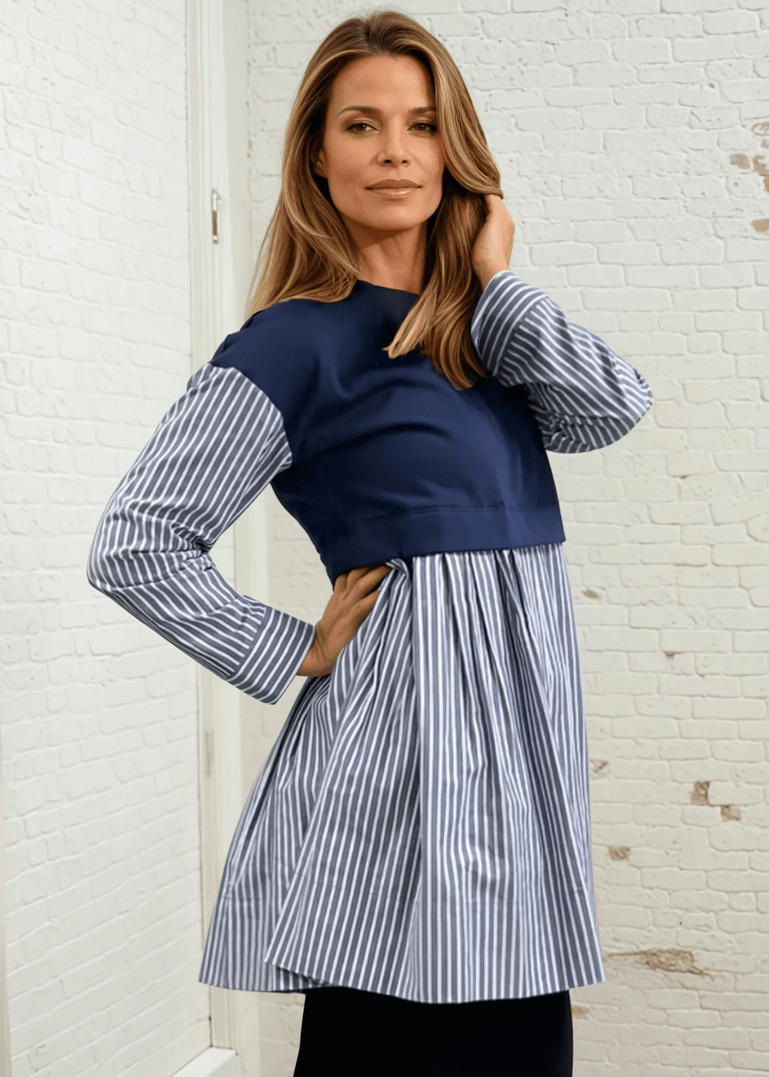 Made in USA Women's Cotton Blend Navy Crew Neck One Piece Fleece Vest Over Striped Shirt Layered Tunic, Flowy Fit, Long Sleeves, Cuffs, Perfect with Leggings & Boots | Classy Cozy Cool Made in America Boutique