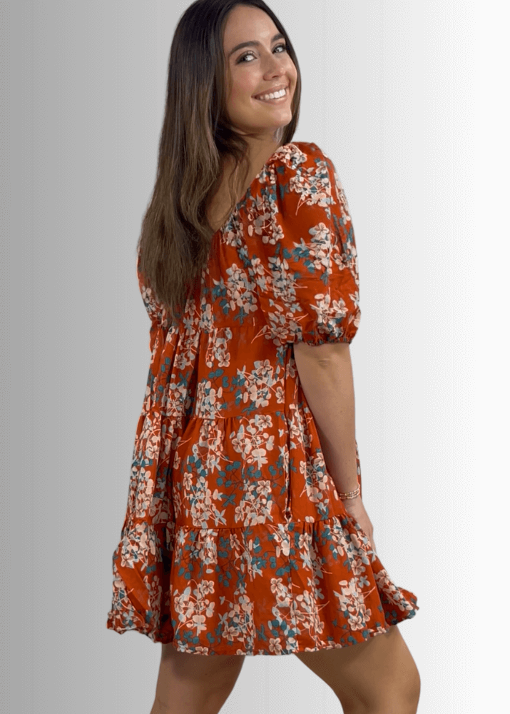 Made in USA Women's Brown Floral Baby Doll Mini Dress, Short Sleeves, Flounce Ruffle Hem, Can be worn off the shoulder | Bucket List Style D3059B