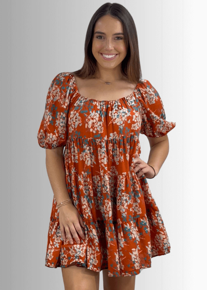 Made in USA Women's Brown Floral Baby Doll Mini Dress, Short Sleeves, Flounce Ruffle Hem, Can be worn off the shoulder | Bucket List Style D3059B